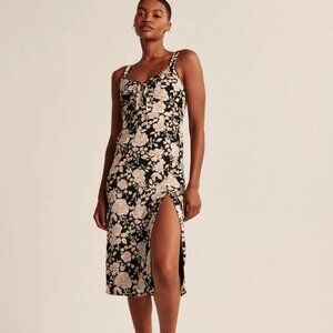 Abercrombie & Fitch Floral Midi Dress S Black Pink Rose Tie Front
